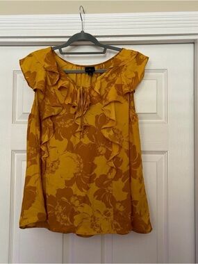 Mustard Floral Ruffle Neck Sleeveless Top